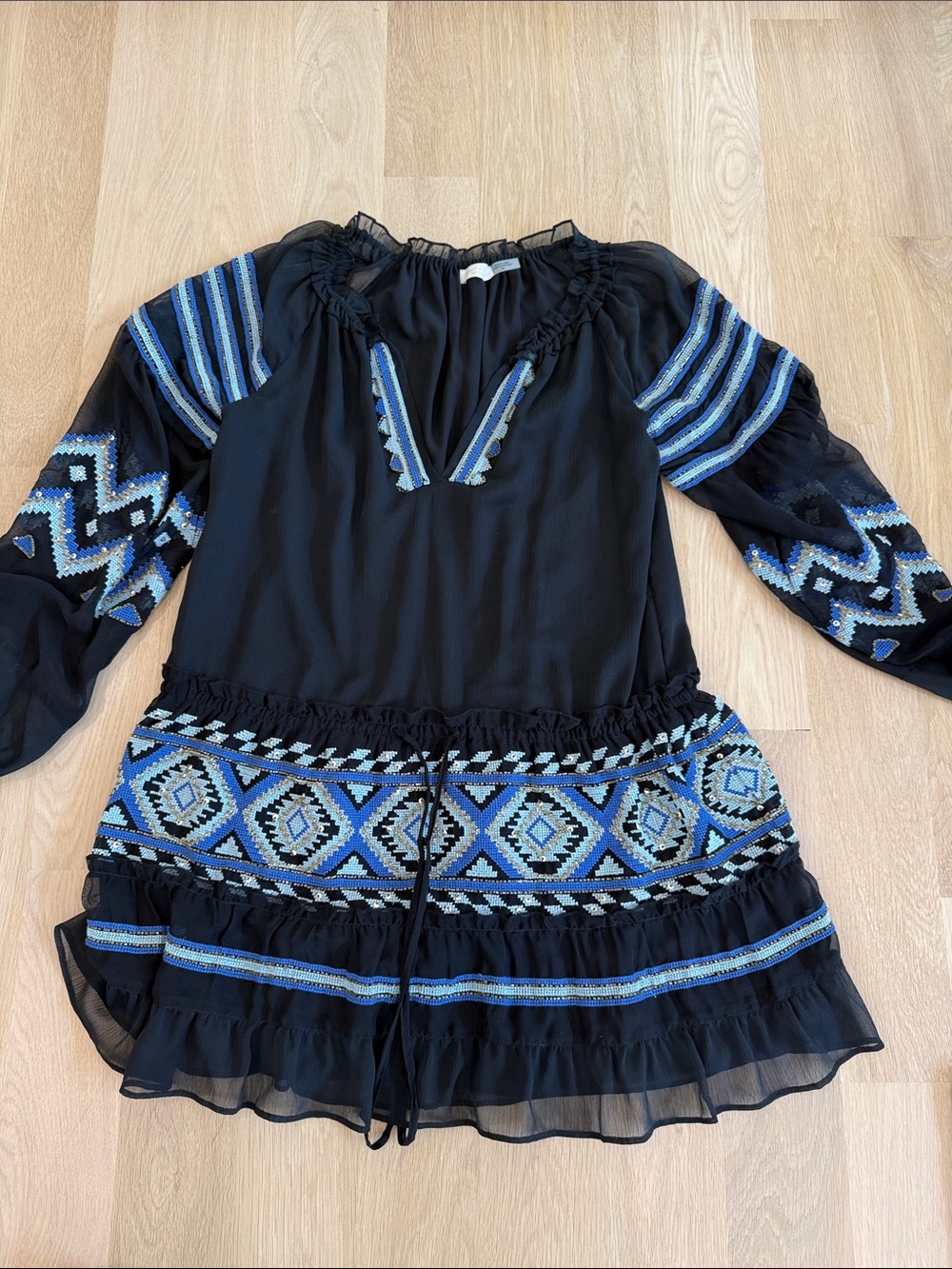 Ramy Brook Black Tunic Dress with Blue and White Embroidered Detail